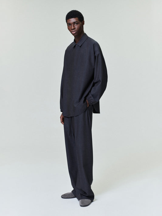 Grey Striped Wool Wide Leg Drawstring Pants