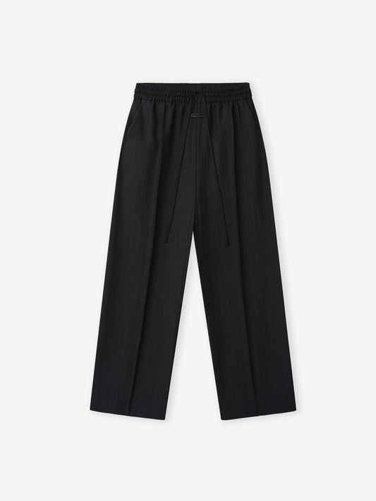 Black Striped Wool Wide Leg Drawstring Pants